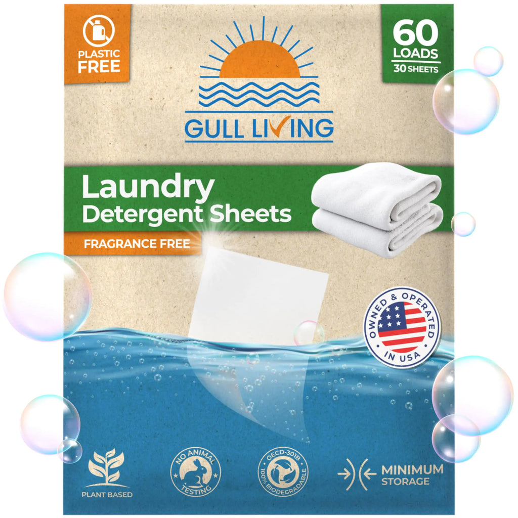 Gull Living Home Travel Laundry Detergent Sheets - 30 Sheets 60 Loads Pack - Fragrance-Free Laundry Sheets Detergent