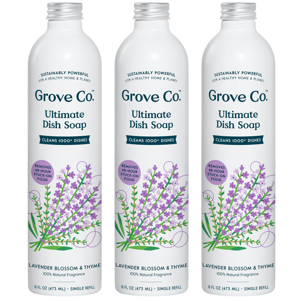 Grove Co. Ultimate Dish Soap Refills (3 x 16 Fl Oz) Removes 48-hr Stuck-on Food and Grease Plastic Free Cleaning Products 100% Natural Lavender Blossom & Thyme Fragrance