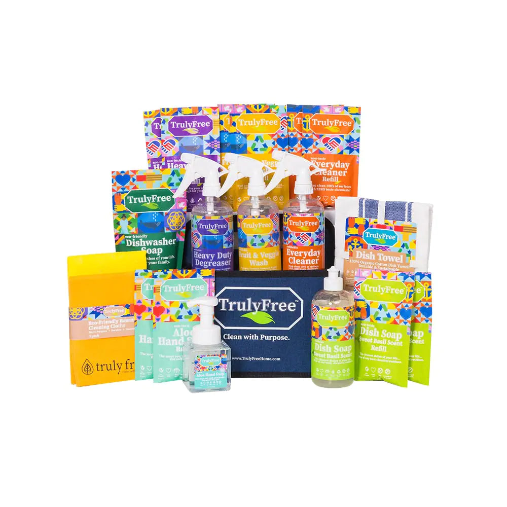 Truly Free All-In-One Kitchen Cleaning Supplies Bundle 9-Item Natural and Organic Cleaning Supplies Set Home Cleaning Kit with Pet Safe Products Plant Based Cleaning Products