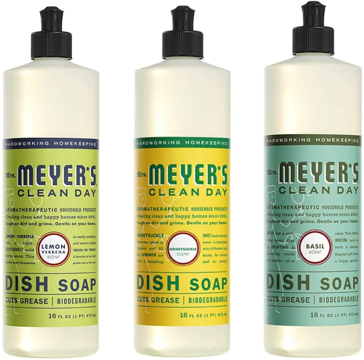 MRS. MEYERS CLEAN DAY Dish Soap Variety Pack Includes 1 Lemon Verbena 1 Basil 1 Honeysuckle Dish Soap 16 fl oz. Each