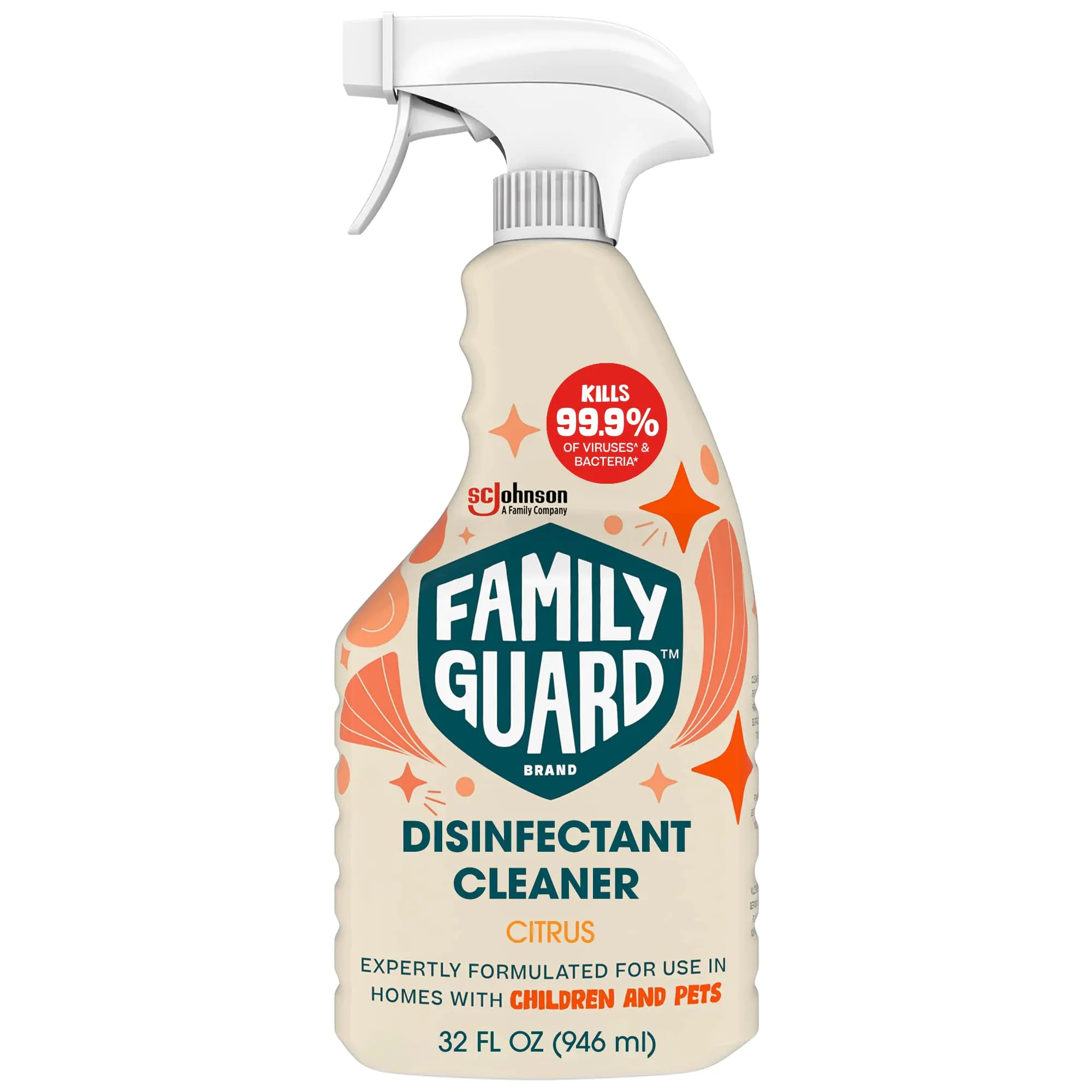 Family Guard Brand Disinfectant Spray Trigger & Multi Surface Cleaner Antibacterial Spray Expertly Formulated for Use In Homes with Children & Pets Citrus Scent 32 oz (Pack of 1)